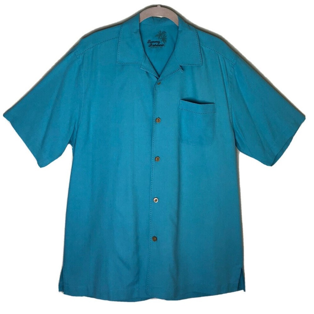 TOMMY BAHAMA ORIGINAL FIT 100% Silk Blue Camp Shirt SZ Med Aloha Stitching Boxy